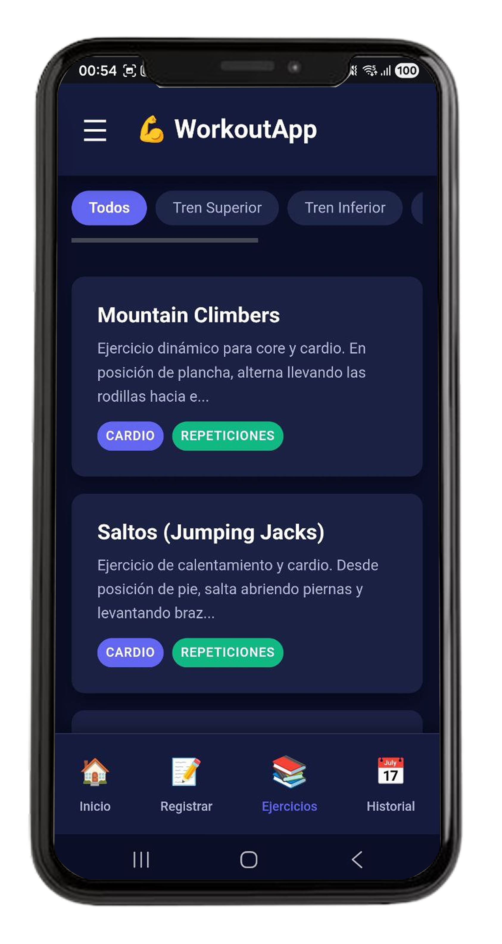 Menú principal de Workout App